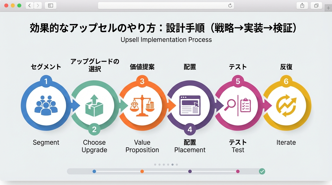 セグメント定義から候補選定、価値訴求、配置設計、テスト、改善まで6ステップが矢印でつながったアップセル実装プロセス図