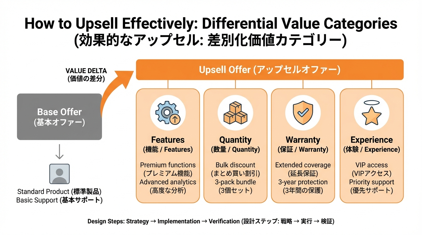 機能・容量・保証・体験といった差分価値のカテゴリごとにカードが並び、アップセル候補を価格差ではなく価値差から設計する考え方を示した図