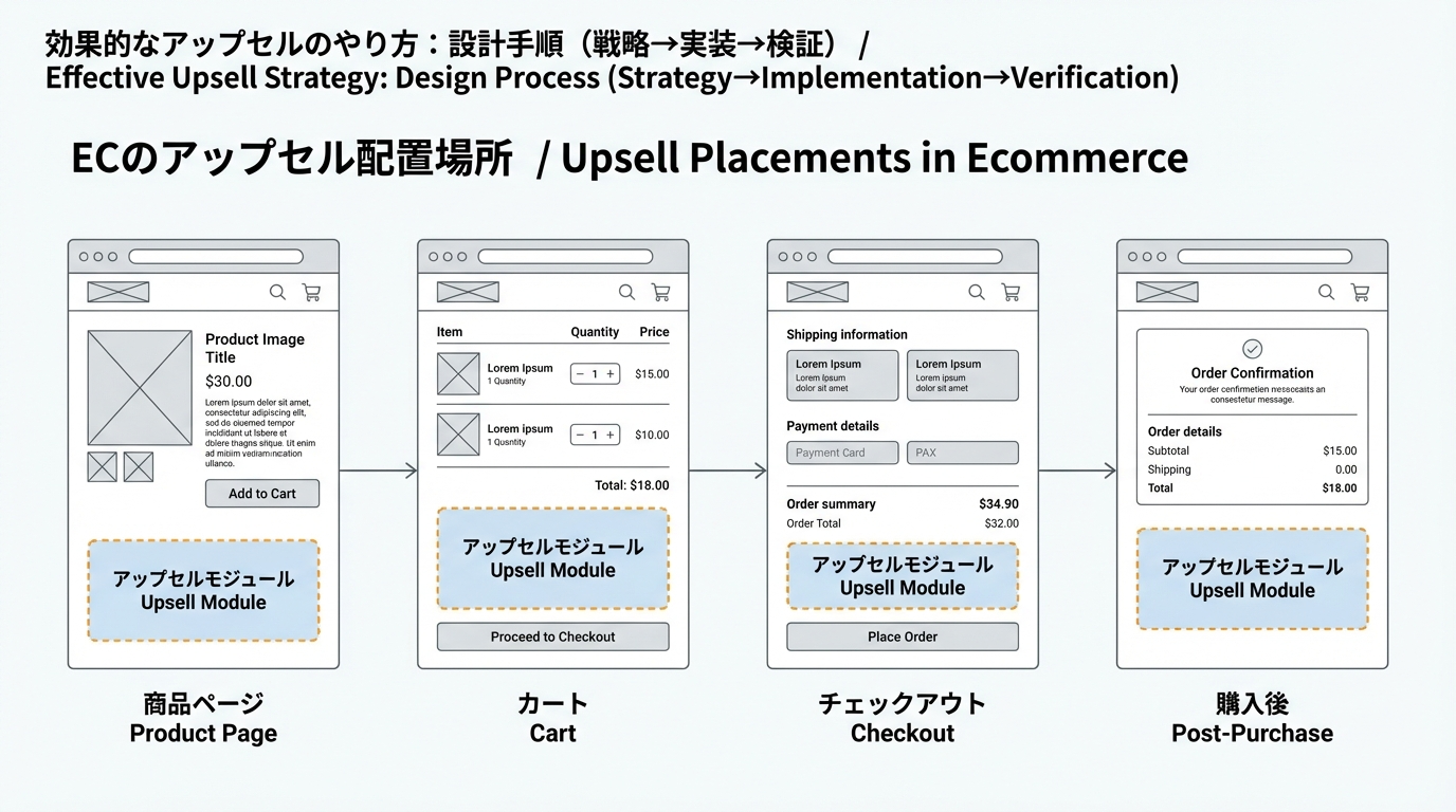 商品ページ、カート、チェックアウト、購入後画面のワイヤーフレームに、それぞれアップセルモジュールの位置がハイライトされた図