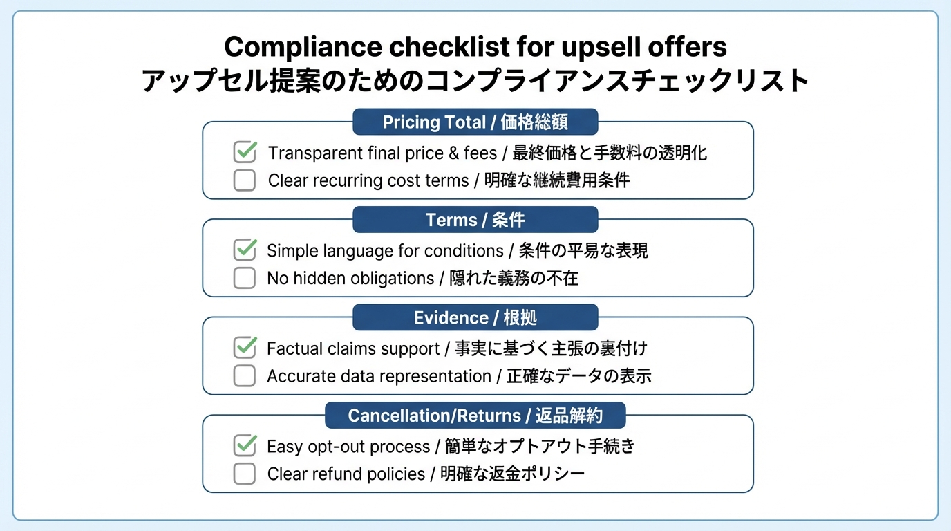 価格総額、契約条件、根拠の有無、返品解約ルールという4カテゴリのチェック項目がリスト化されたコンプライアンスチェックリスト図