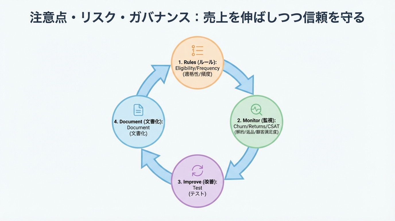 対象ルール設定、モニタリング、テスト改善、ドキュメント化の4要素が円形に循環するアップセルガバナンスループ図