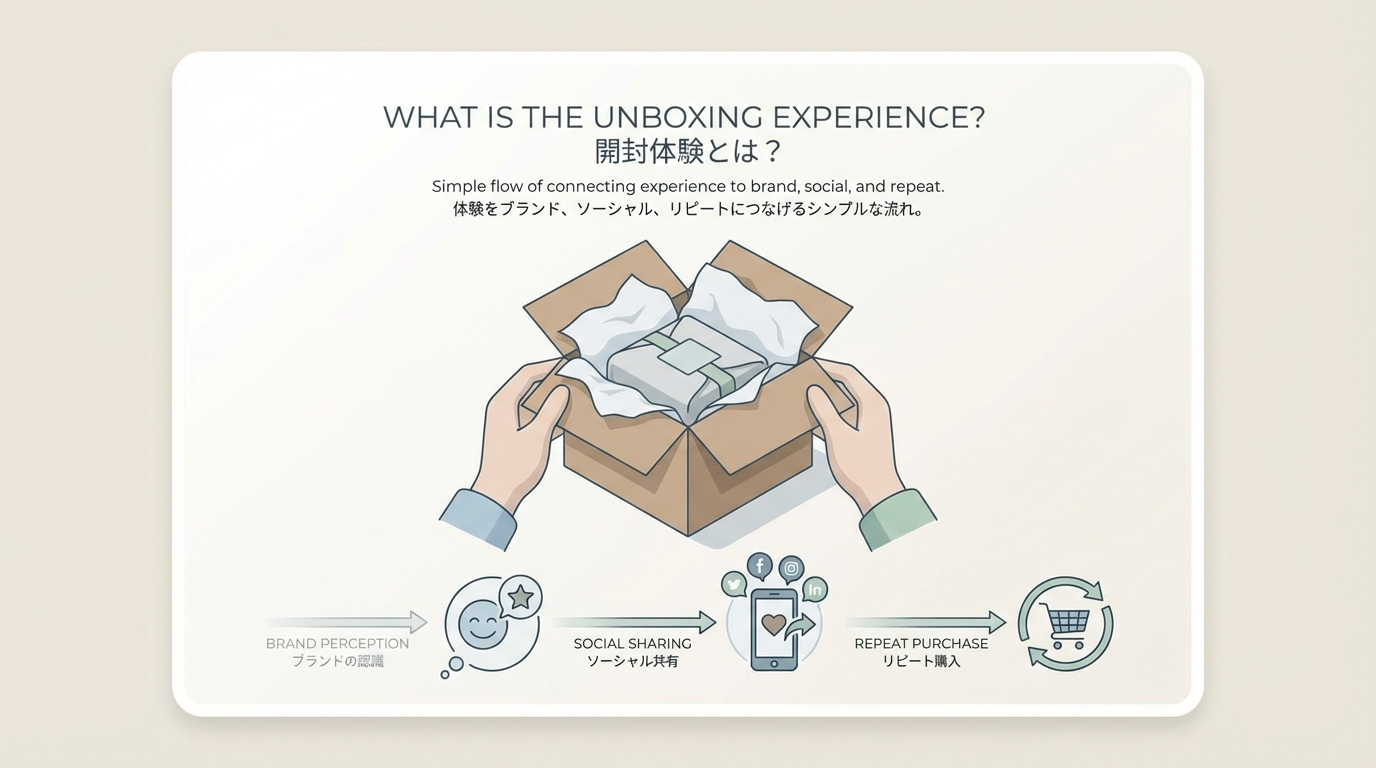 顧客が届いた箱を開封し、その体験がブランドの評価やSNS共有、リピート購入へとつながる全体像を示す概念イラスト