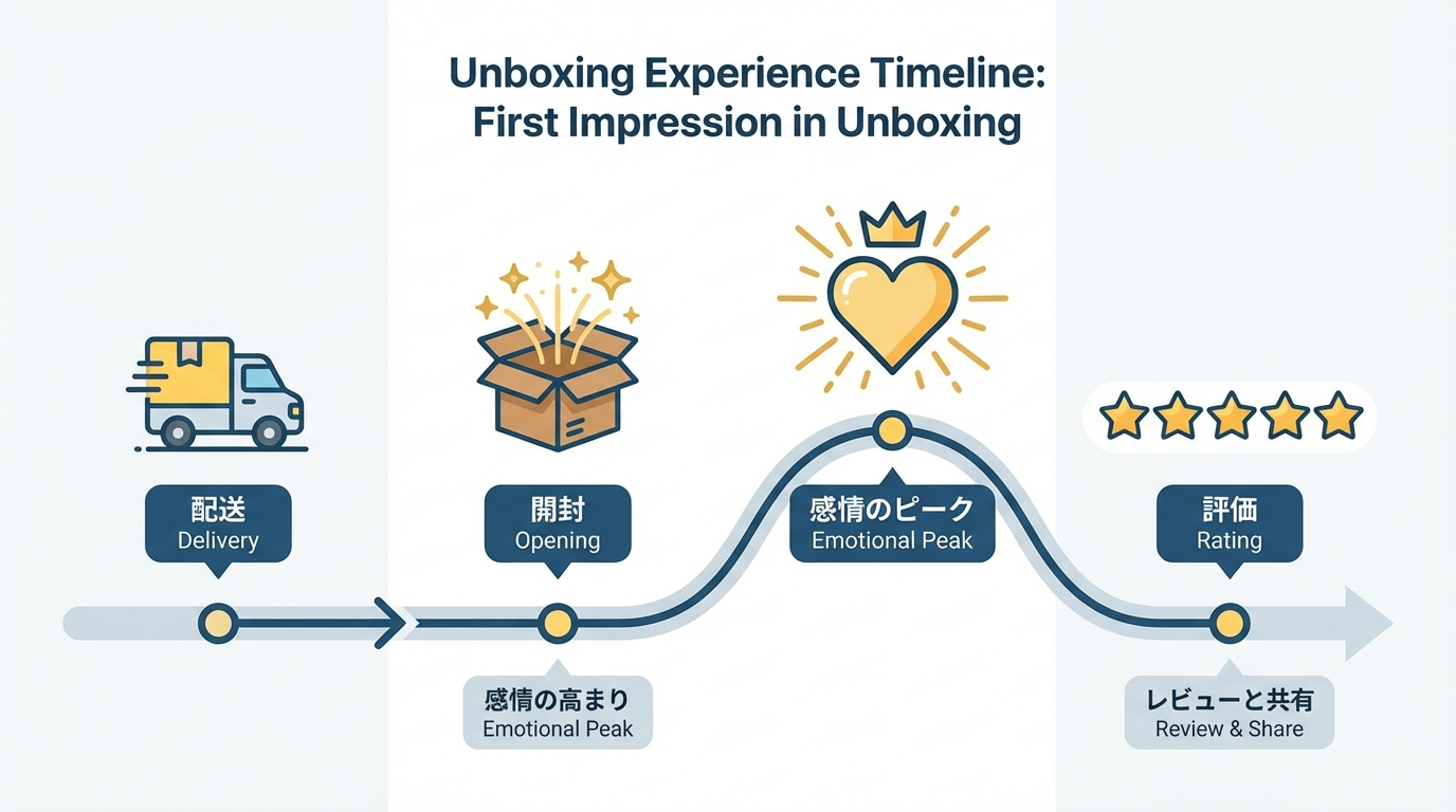 荷物の到着から箱を開ける瞬間、感情が高まりレビュー評価に反映されるまでを時系列で示したタイムライン図解