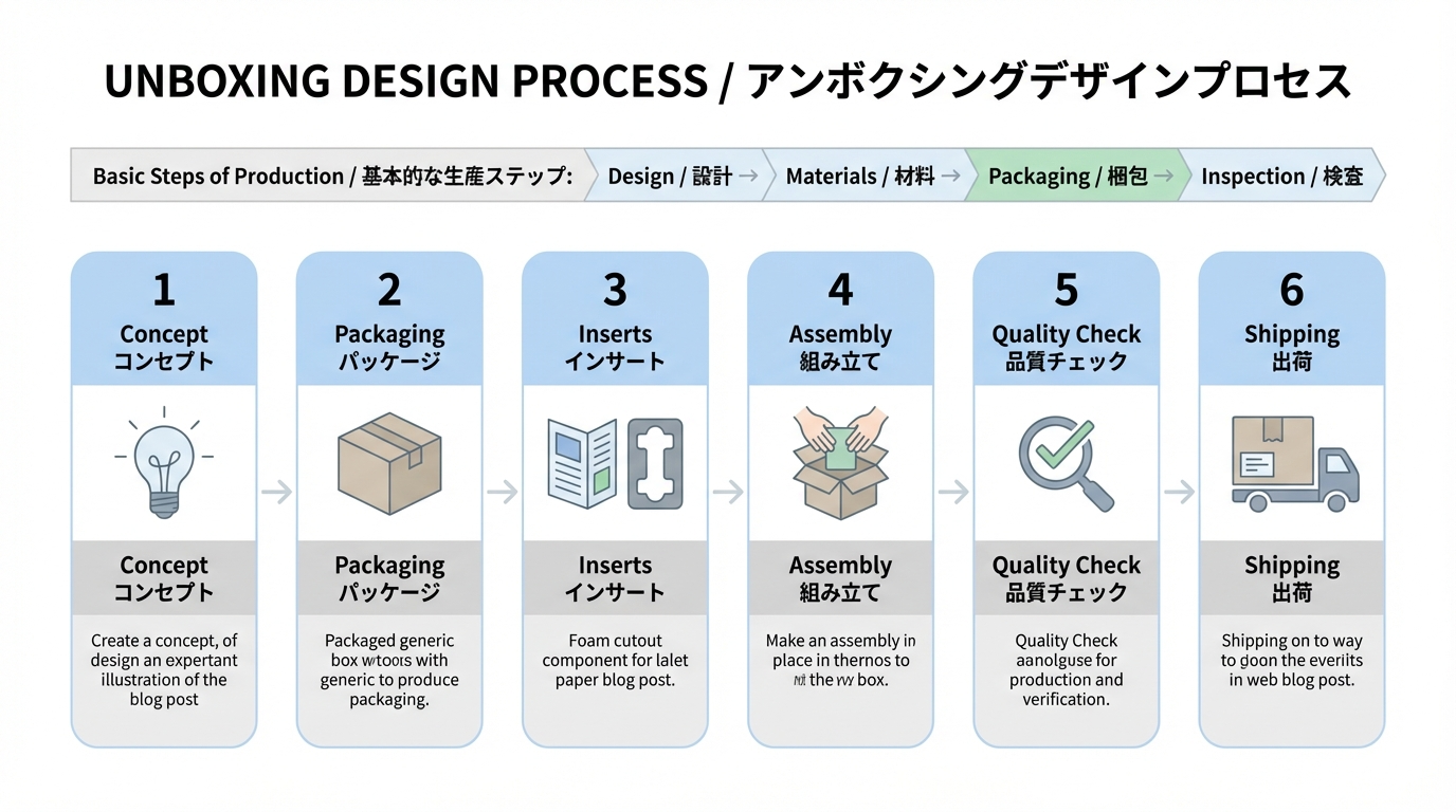 Unboxing体験の設計から梱包資材選定、同梱物、組み立て、品質チェック、出荷までの手順を示すステップ図