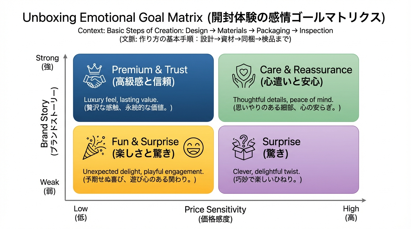 価格帯やブランドストーリー軸と驚き・安心・高級感などの感情ゴールを整理した2×2マトリクス図