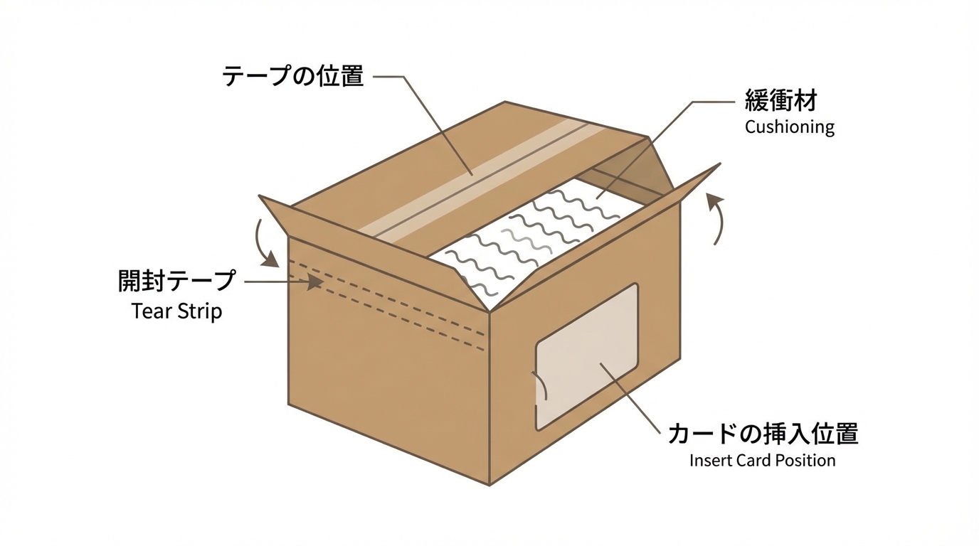 外箱構造とミシン目やテープ位置、緩衝材配置、カードの差し込み位置などを示した簡易パッケージ図解