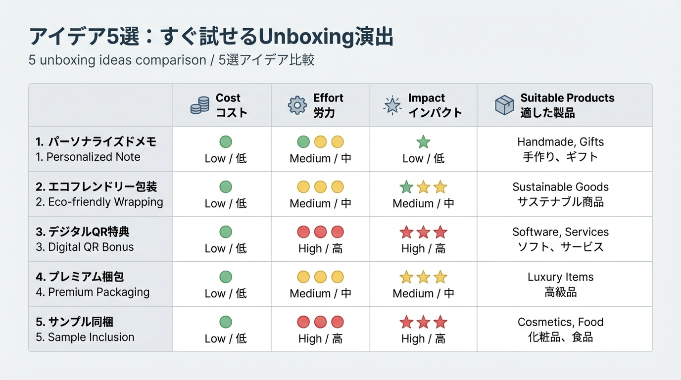 5つの開封演出アイデアを費用・手間・効果・適した商品種別の観点で比較したシンプルな表
