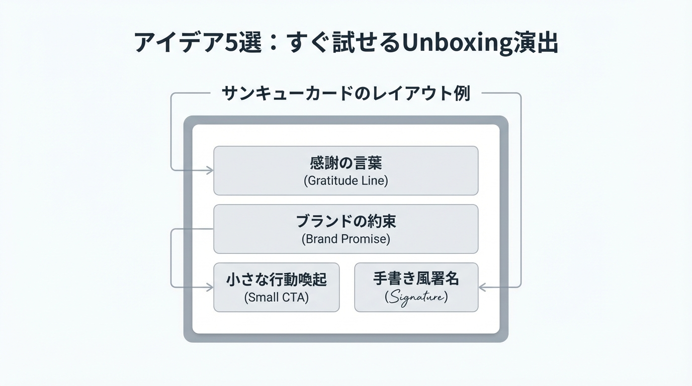 感謝の一言、ブランドの約束、小さなCTA、手書き風署名で構成されたサンキューカードレイアウト例