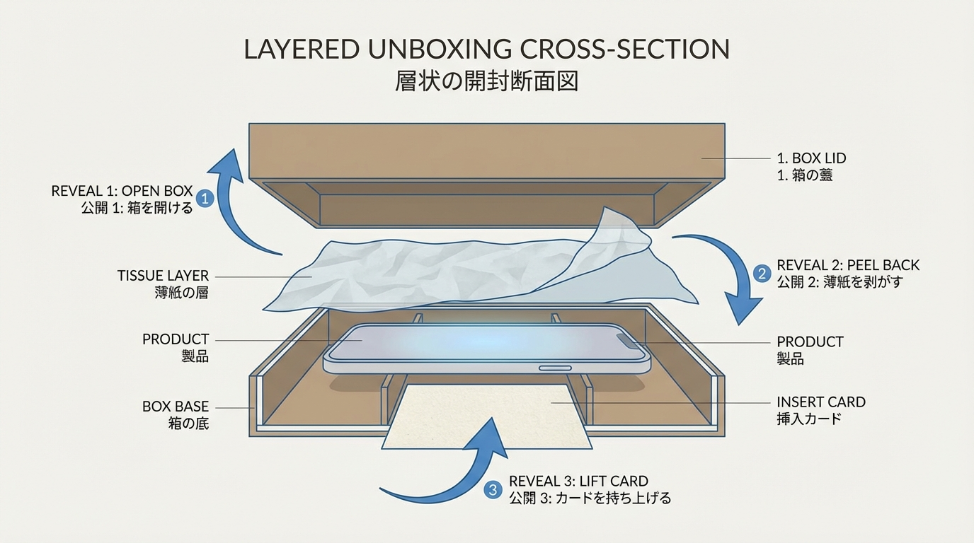 外箱の中にティッシュペーパーと商品、カードが層になって入っており、1→2→3の順でめくる流れを示した断面図