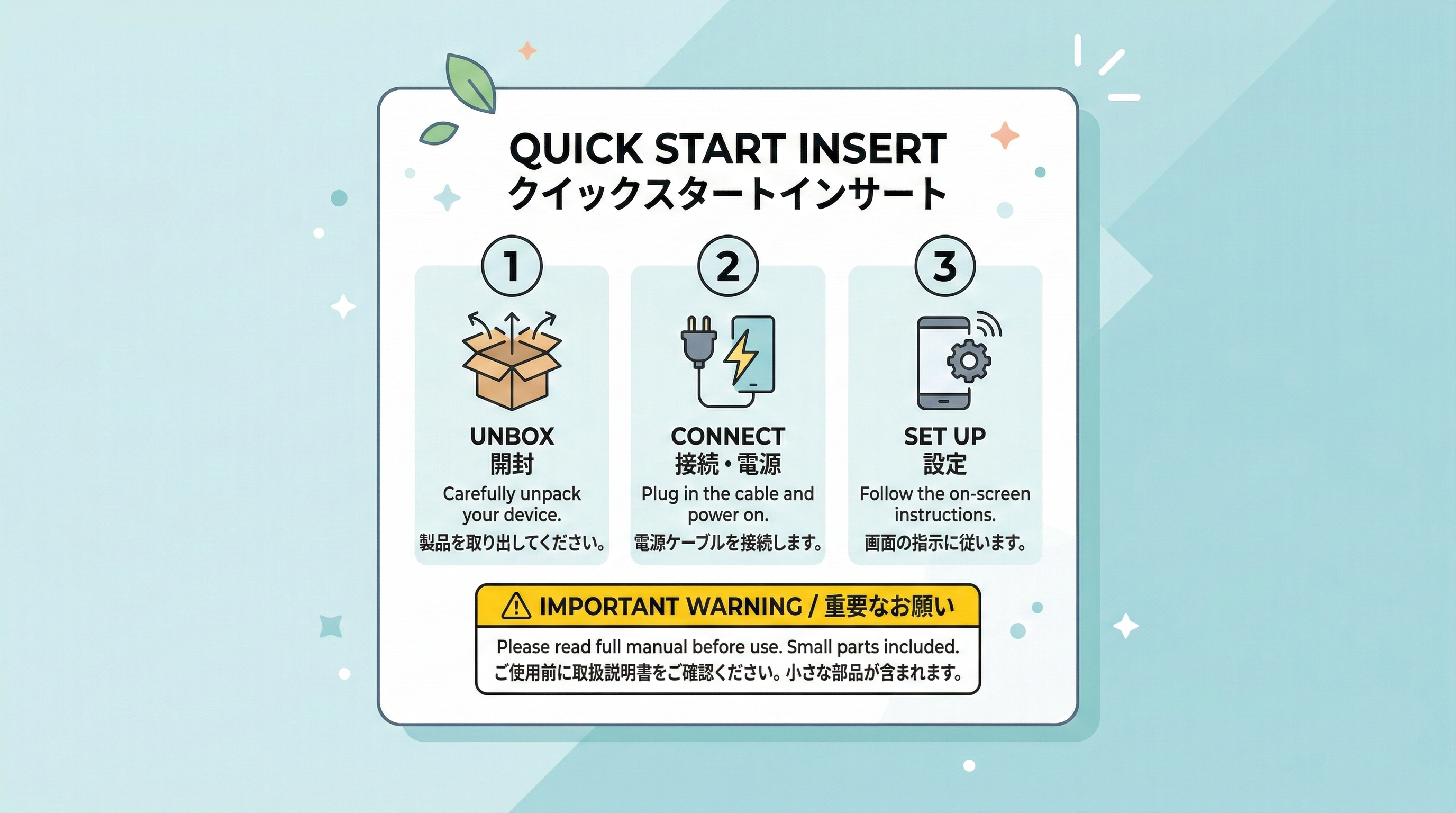 3ステップの使い方と注意事項、問い合わせ先をまとめたコンパクトなクイックスタートカードの図