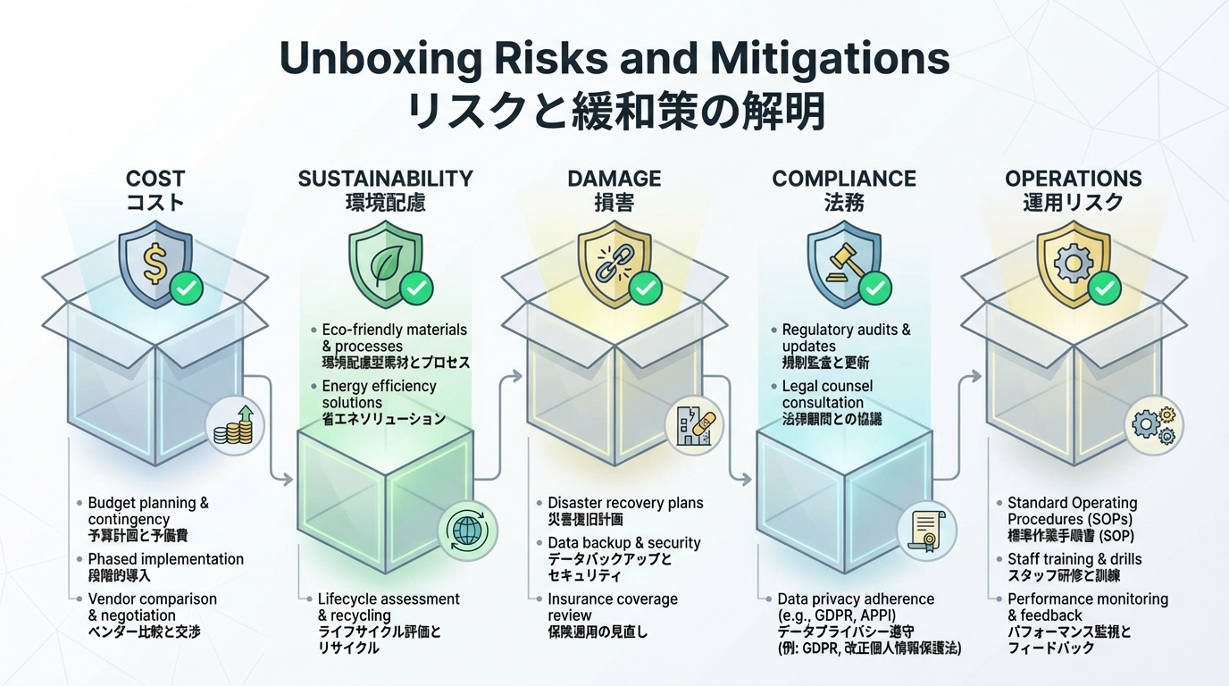 コスト、環境負荷、破損・返品、コンプライアンス、運用負荷などのリスクと対策をカテゴリ別に整理したインフォグラフィック