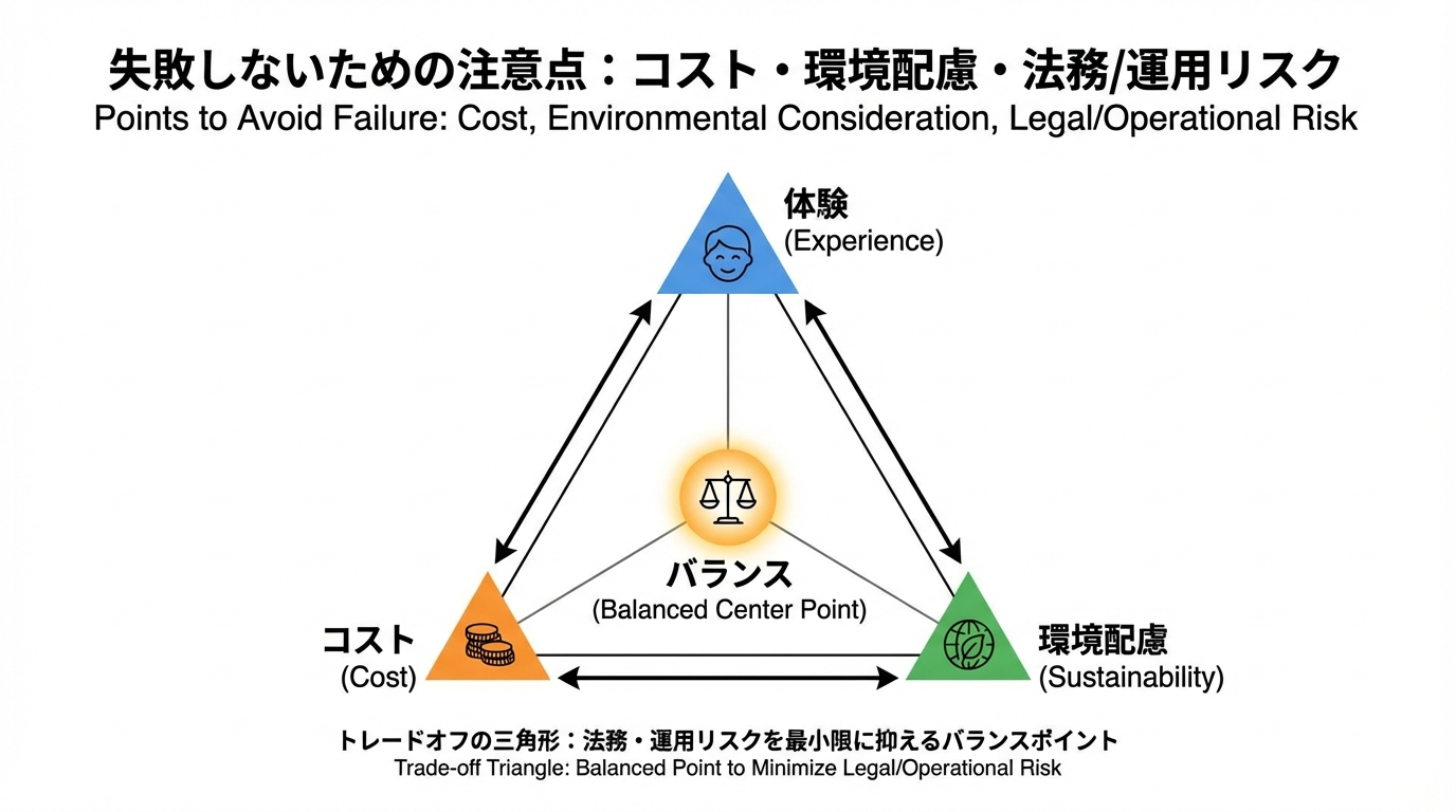 体験価値、コスト、環境配慮の3つの頂点を持つ三角形と、そのバランス点を示した図