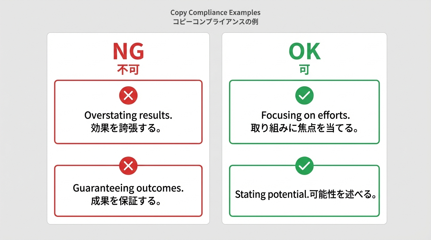 断定的な効果表現のNG文と控えめで根拠を示したOK文を並べて比較したミニチャート
