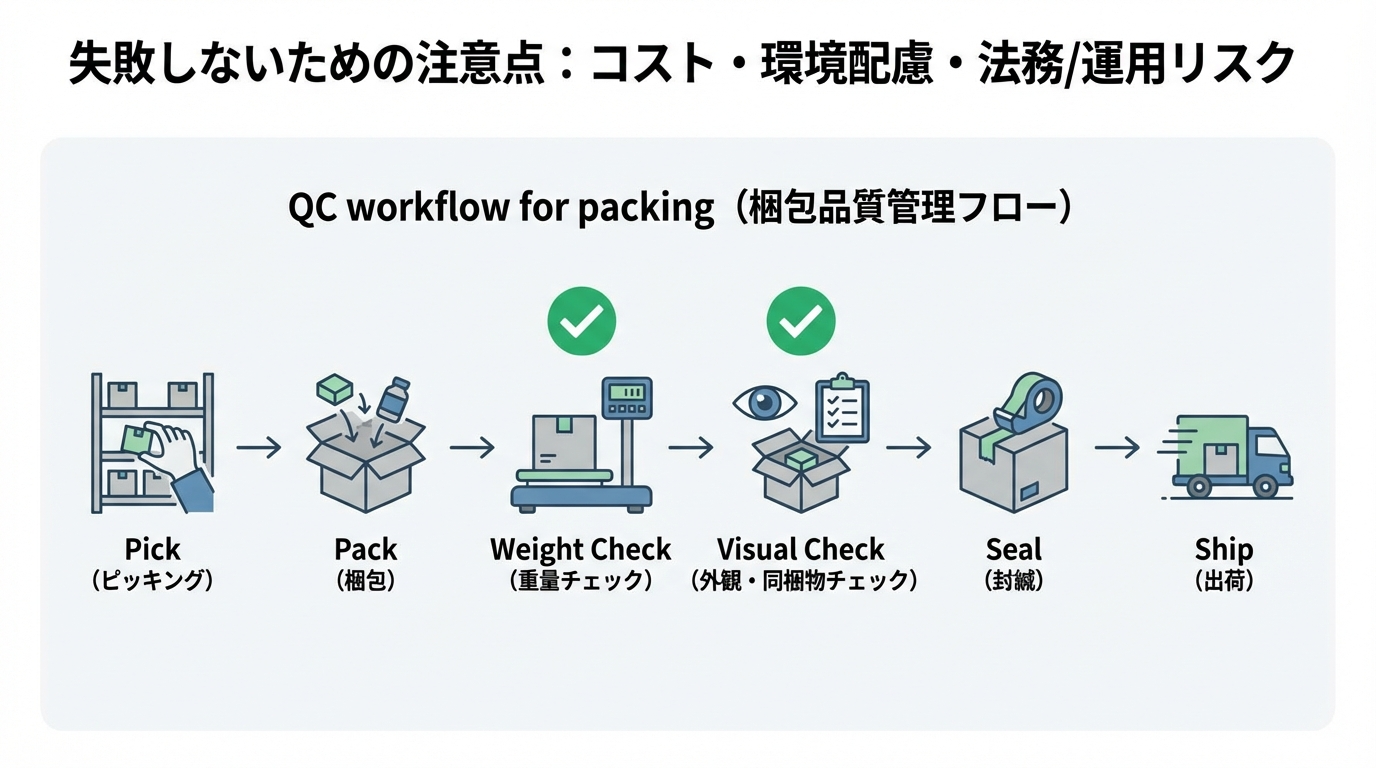 ピッキングから梱包、重量チェック、外観チェック、封緘、出荷までをチェックマーク付きで示したQCワークフロー図
