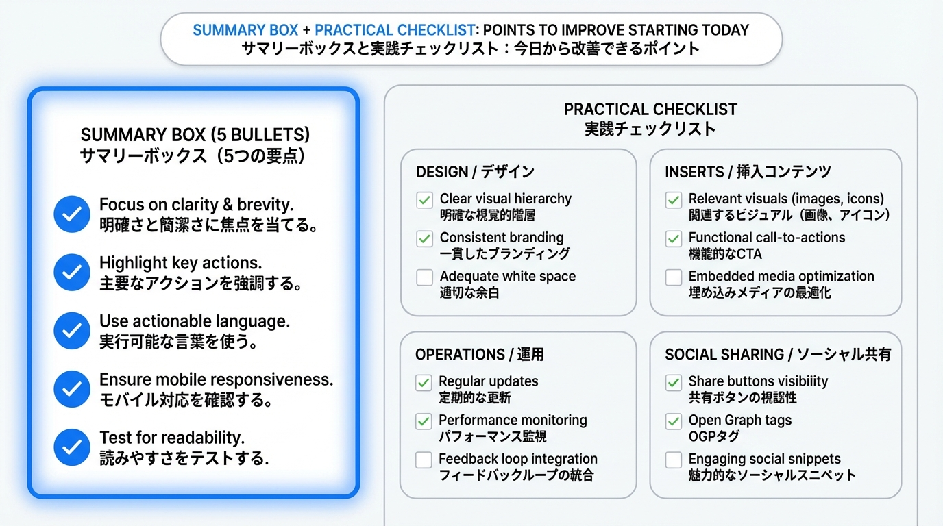 開封体験の要点5つと、デザイン・同梱物・運用・SNS共有ごとのチェック項目を一枚にまとめたインフォグラフィック