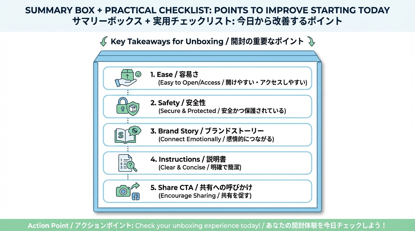 開けやすさ、安全性、ブランドストーリー、使い方、共有導線という5つの要点をアイコン付きでまとめた要約ボックス