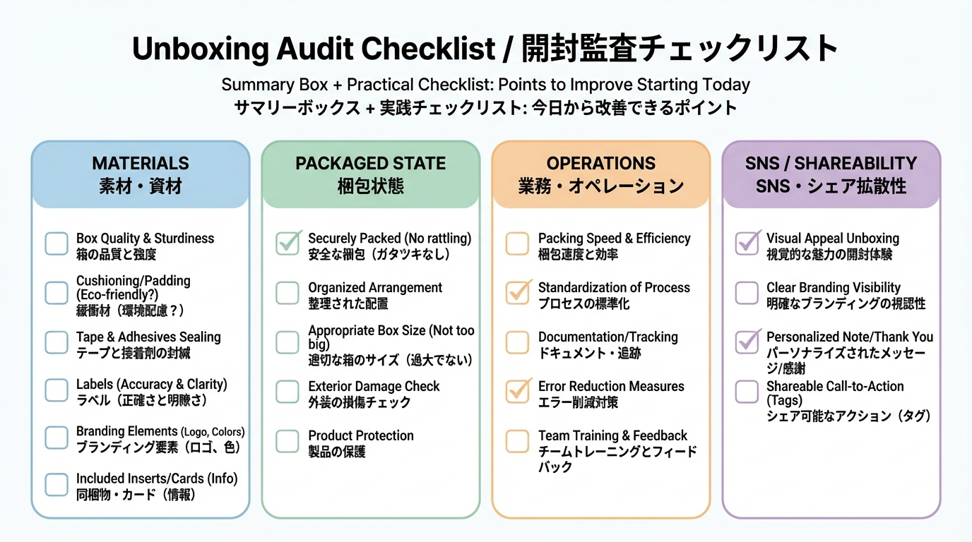 資材、同梱物、運用、SNS共有の4カテゴリに分けたチェックボックス付きのセルフ診断リスト