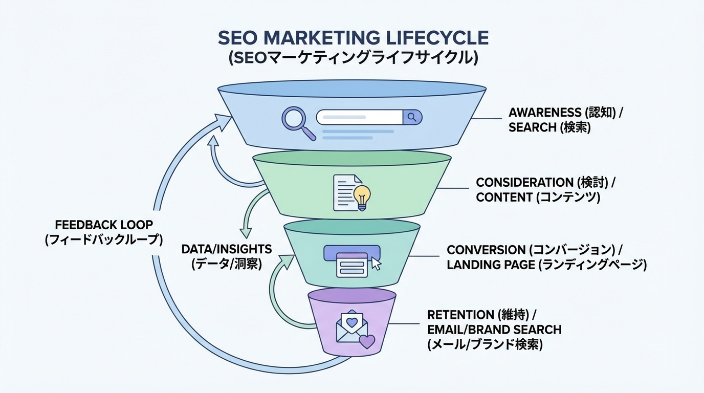 SEOマーケティングを集客から回遊、コンバージョン、LTVまで含めたマーケティングファネルとして示す概念図