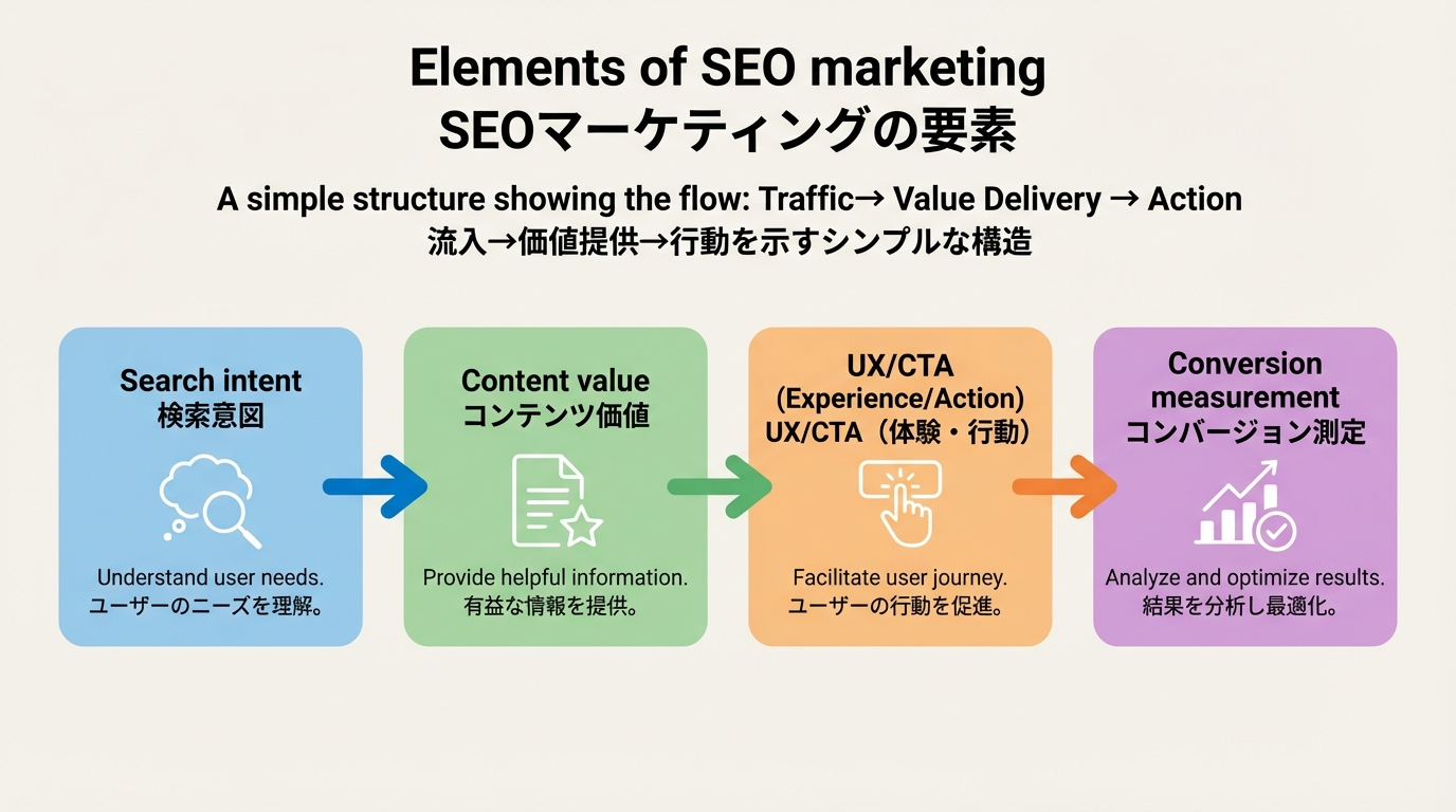 検索意図からコンテンツ、導線設計、コンバージョン計測までを4つの要素に整理したSEOマーケティングの定義図