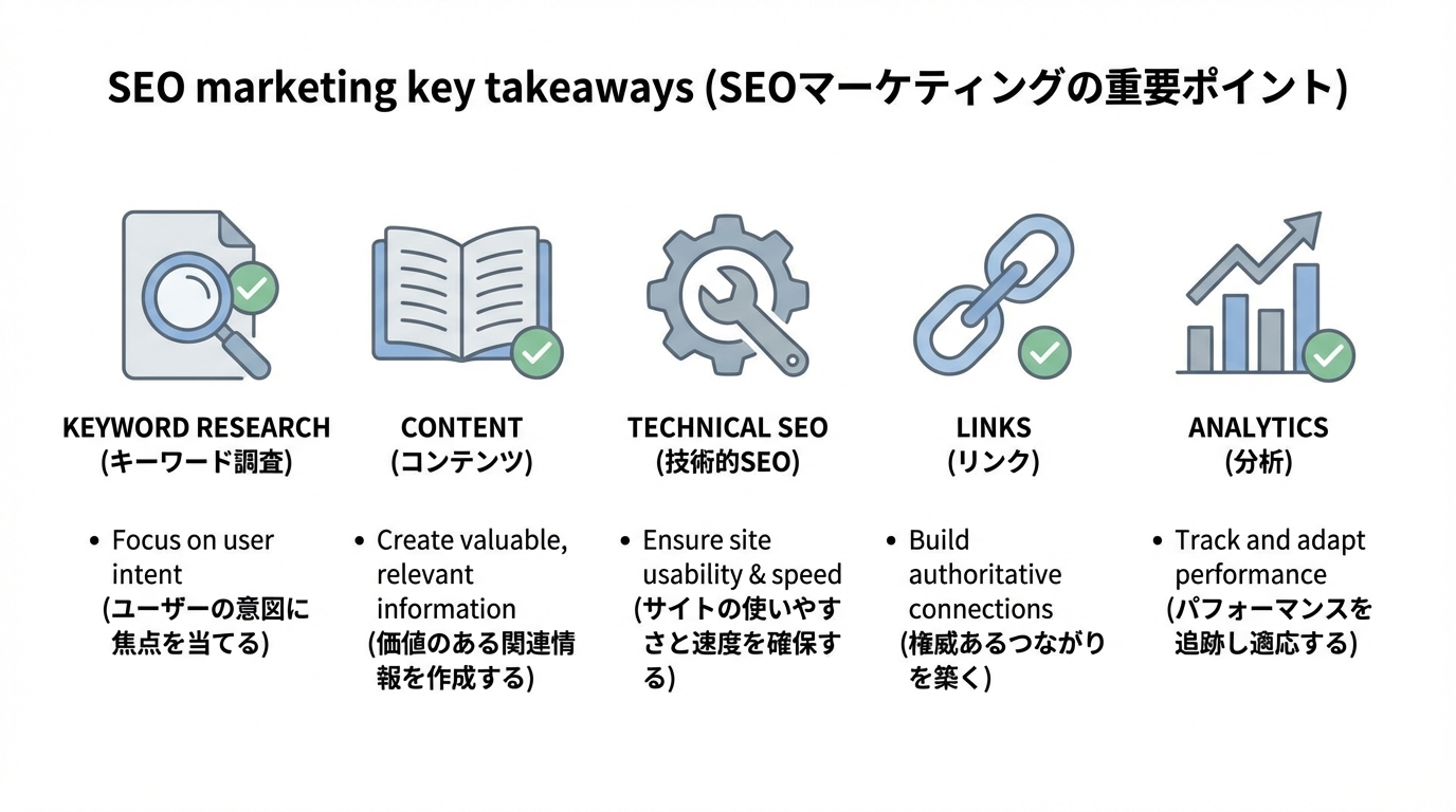 キーワード調査・コンテンツ・テクニカルSEO・被リンク・計測の5つの要点をアイコンとラベルで示したチェックリスト風イメージ