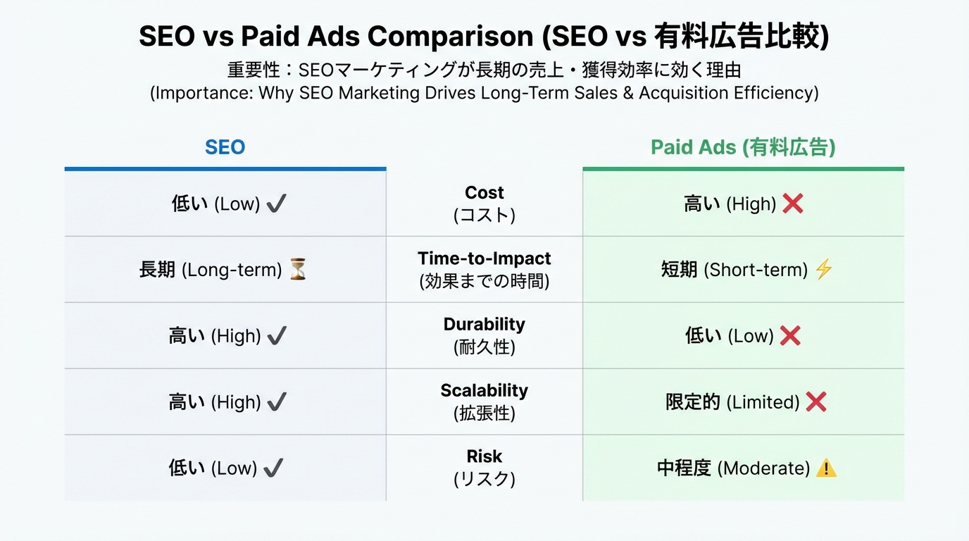 SEOと広告をコスト・効果発現までの時間・持続性・スケーラビリティ・リスクで比較したチャート