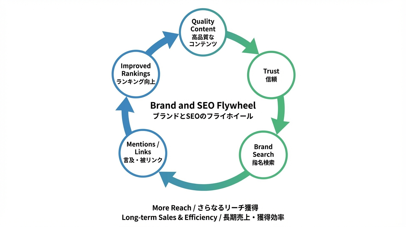 良質なコンテンツが信頼を生み、指名検索や被リンク、SNS言及につながり、さらに検索順位とリーチが高まる循環を示したフライホイール図