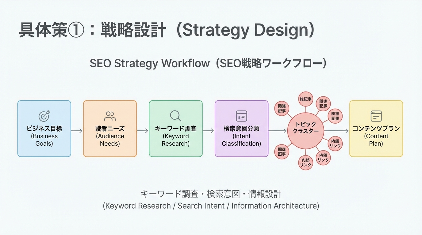 ビジネス目標から顧客ニーズ、キーワード調査、意図分類、トピッククラスター、コンテンツ計画へとつながるSEO戦略フロー図