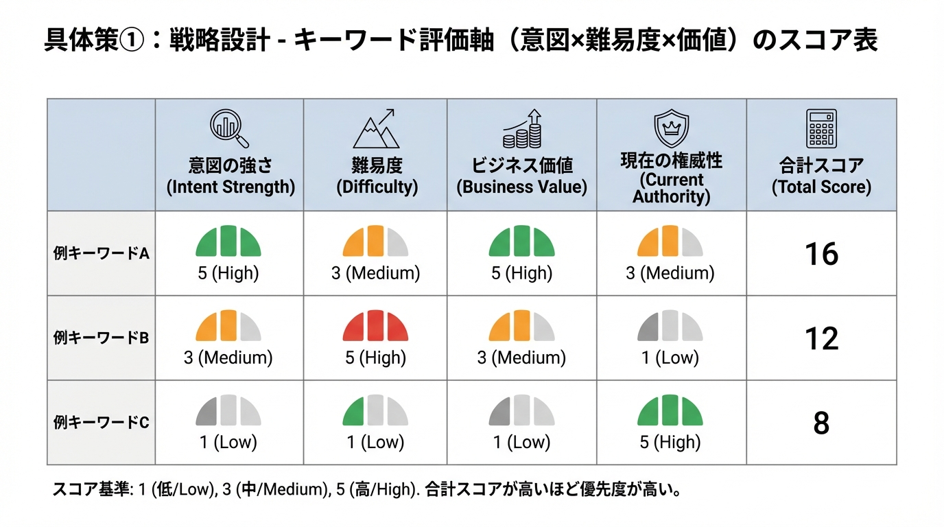 検索意図の強さ、難易度、事業価値、自社の権威性などをスコア化してキーワードを評価する表