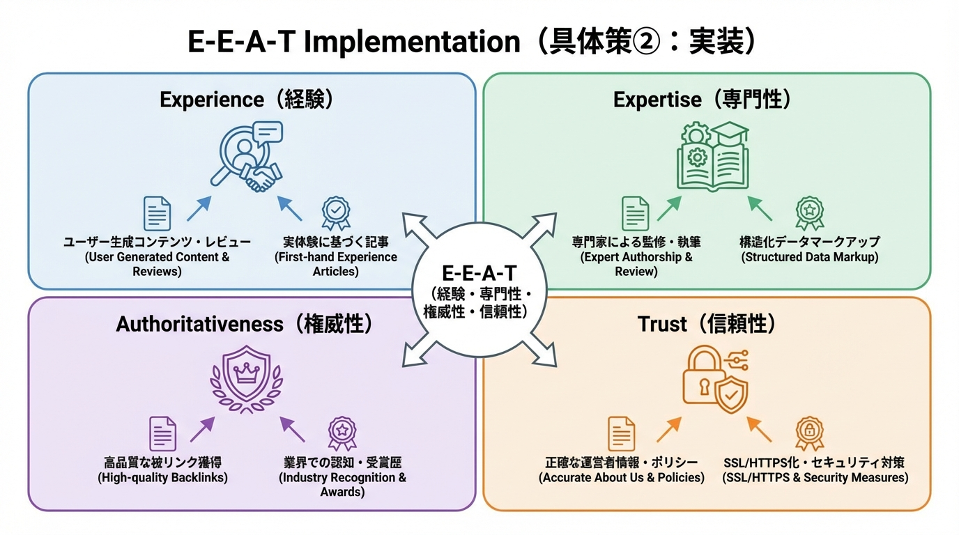 経験・専門性・権威性・信頼性の4要素と、事例や実験結果、資格、第三者評価などの具体施策を対応させた図