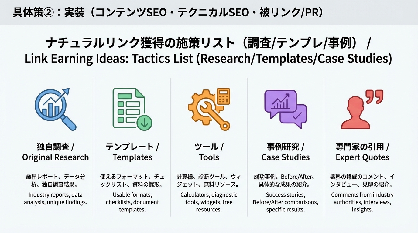 独自調査データ、テンプレートやツール配布、事例公開、専門家コメントなどナチュラルリンク獲得施策をアイコンで一覧化した図