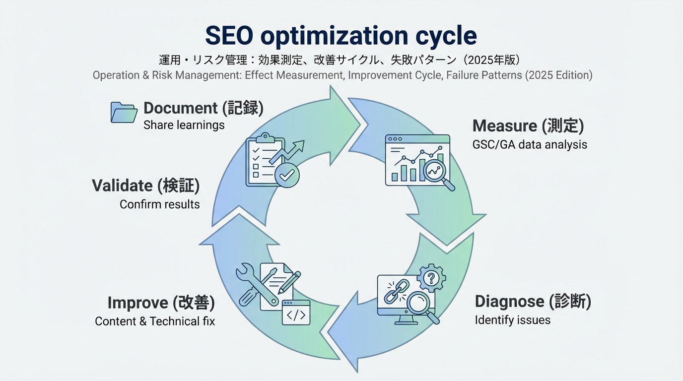 検索コンソールやアナリティクスでの計測から診断、コンテンツや技術の改善、検証、ナレッジ化までを循環させるPDCAループ図
