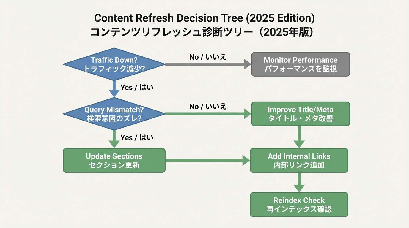流入減少からクエリのズレ、競合との差分、タイトルやメタ改善、内部リンク追加、再インデックス確認などへ分岐するリライト判断フローチャート
