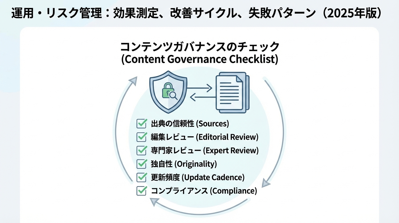 出典管理、編集レビュー、専門家監修、オリジナリティチェック、更新頻度、コンプライアンスなどを並べたコンテンツガバナンスチェックリスト