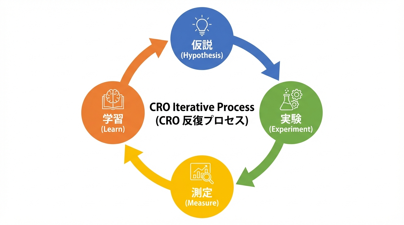 仮説・実験・計測・学習がループするCROの反復プロセスを示したシンプルな円形ダイアグラム