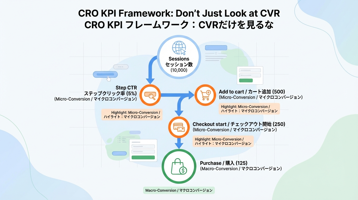 セッションから各ステップのクリック率、カート追加、チェックアウト開始、購入までをKPIツリーとして分解したCRO指標フレームワーク図
