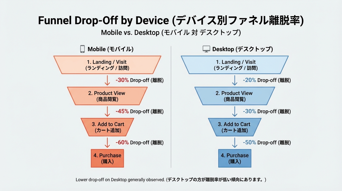 モバイルとデスクトップで各ステップごとの離脱率が異なることを示した2つのファネルチャートの比較図