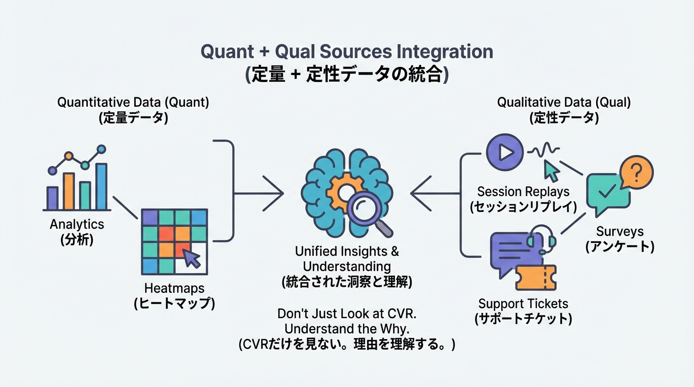 アクセス解析・ヒートマップ・セッション録画・アンケート・問い合わせログなど定量と定性の情報源を並べたアイコンセット