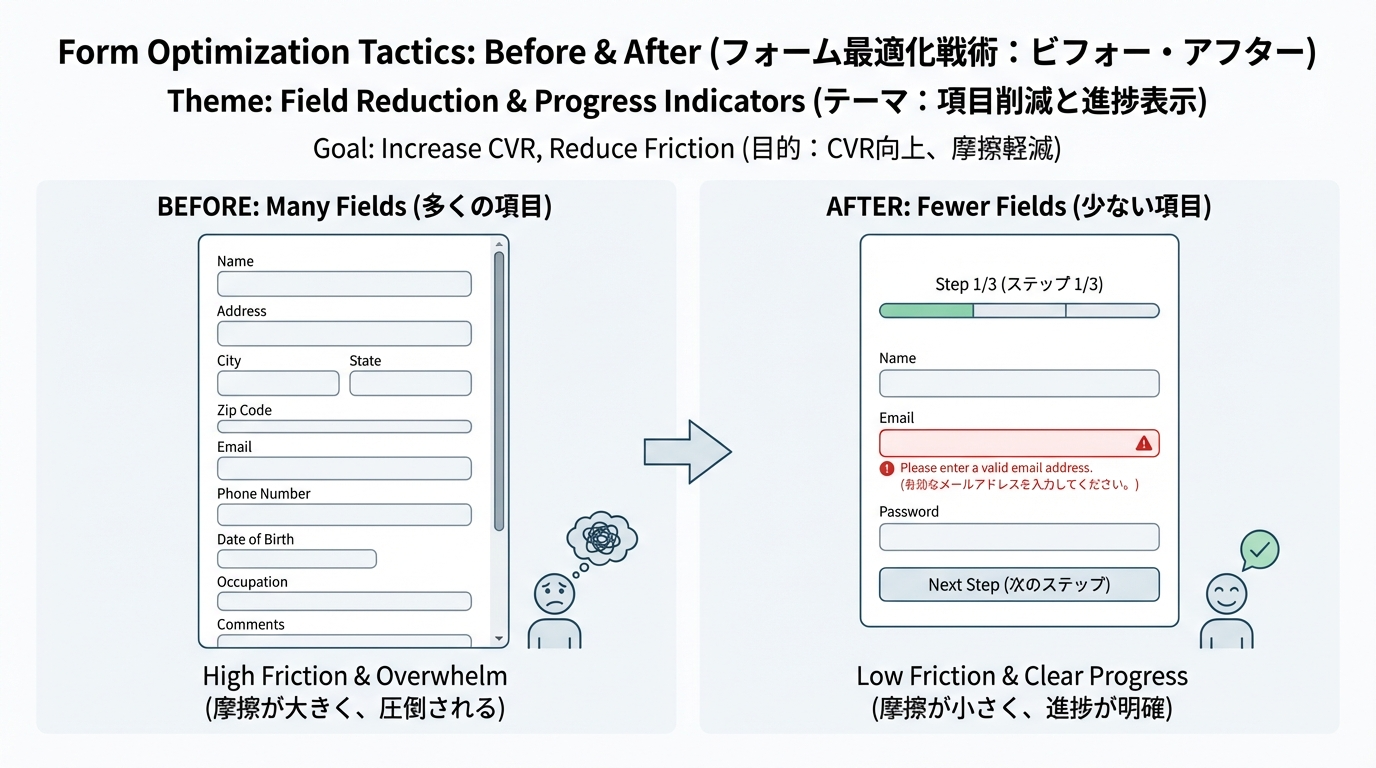 項目が多く煩雑なフォームと、項目削減と進捗バーにより負荷が軽減されたフォームのビフォーアフター図