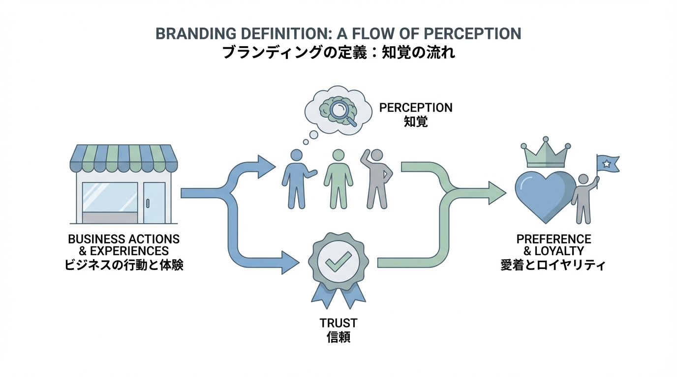 企業の行動や顧客体験が認知・好意・信頼につながり、選ばれる理由になるまでのブランディングの流れを示したシンプルな図解