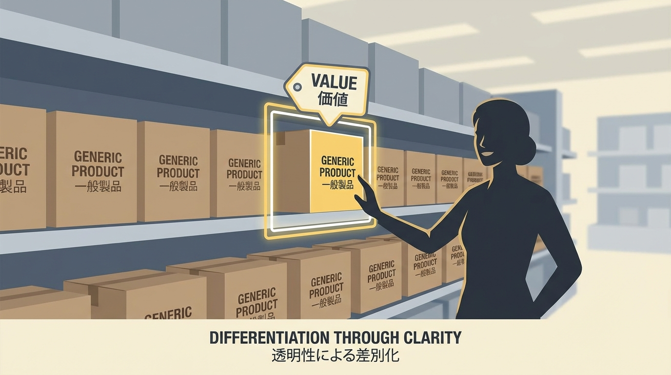 似た商品が並ぶ棚の中で、価値観ラベルがついた一つの商品を顧客が自信を持って選んでいる様子を描いた図