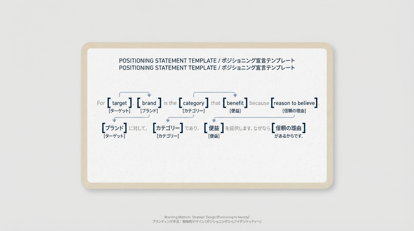 For [ターゲット]、[ブランド] は [カテゴリ] の中で [便益] を提供する。なぜなら [根拠] だから、という形式のポジショニング文テンプレを示したカード図