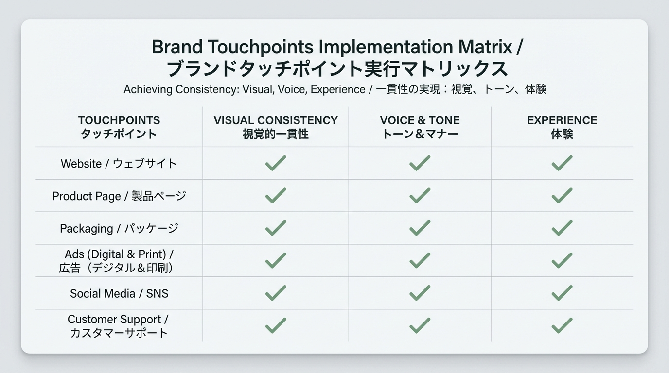 サイト・商品ページ・パッケージ・広告・SNS・カスタマーサポートを行に、Visual/Voice/Experienceを列に並べたブランドタッチポイント実装マトリクス図
