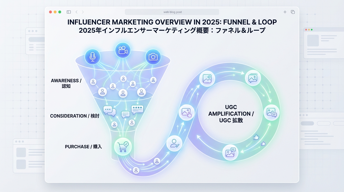 インフルエンサーマーケティングで認知から購入・UGC拡散までがループする全体像を示す図