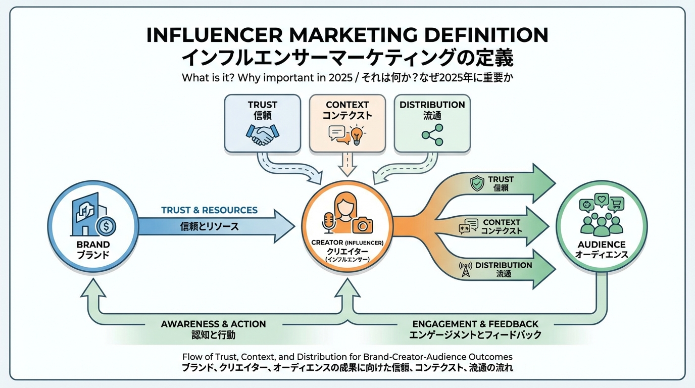 ブランドからインフルエンサー、視聴者へと信頼が受け渡される構造を示す三要素の概念図