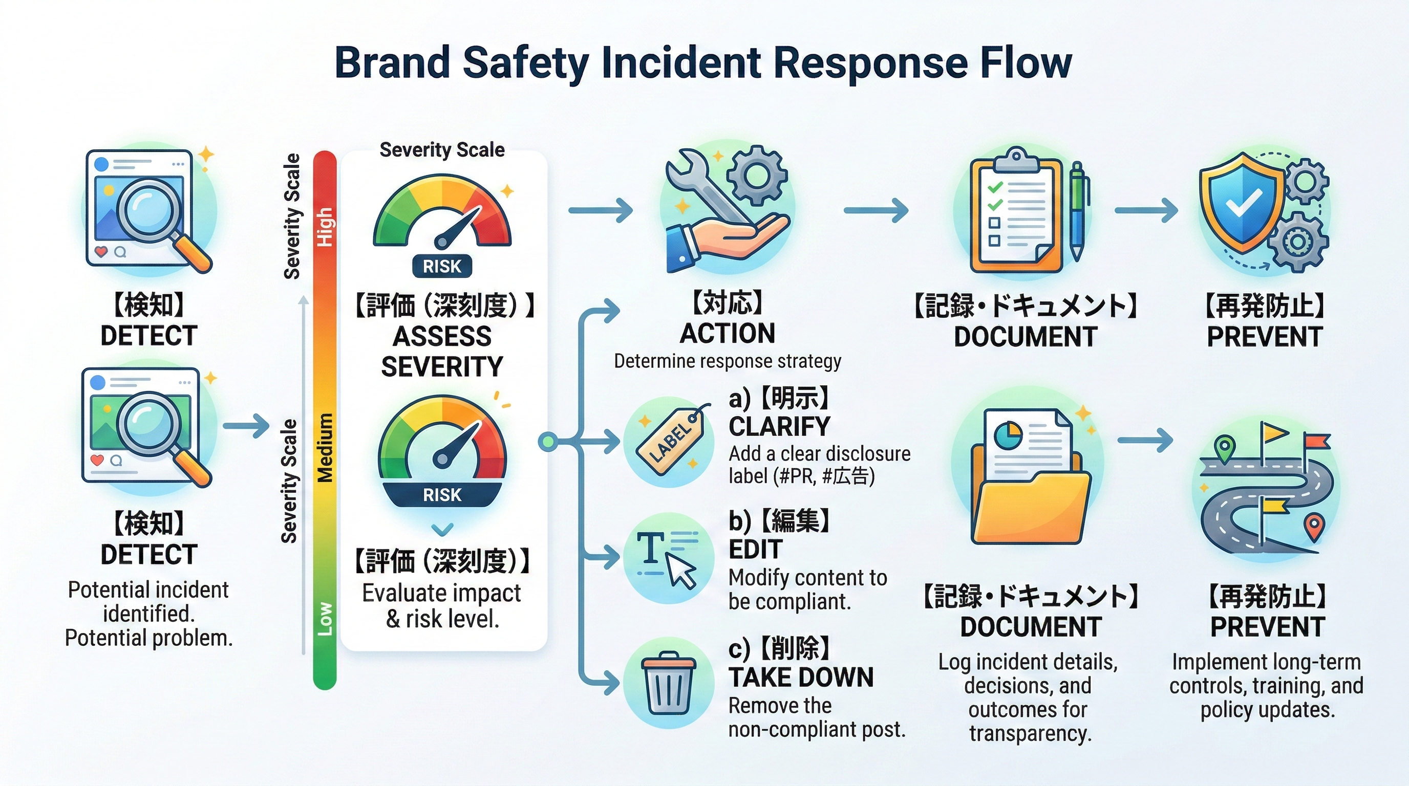 炎上の検知から重大度評価、修正・削除判断、記録と再発防止までの対応フロー図