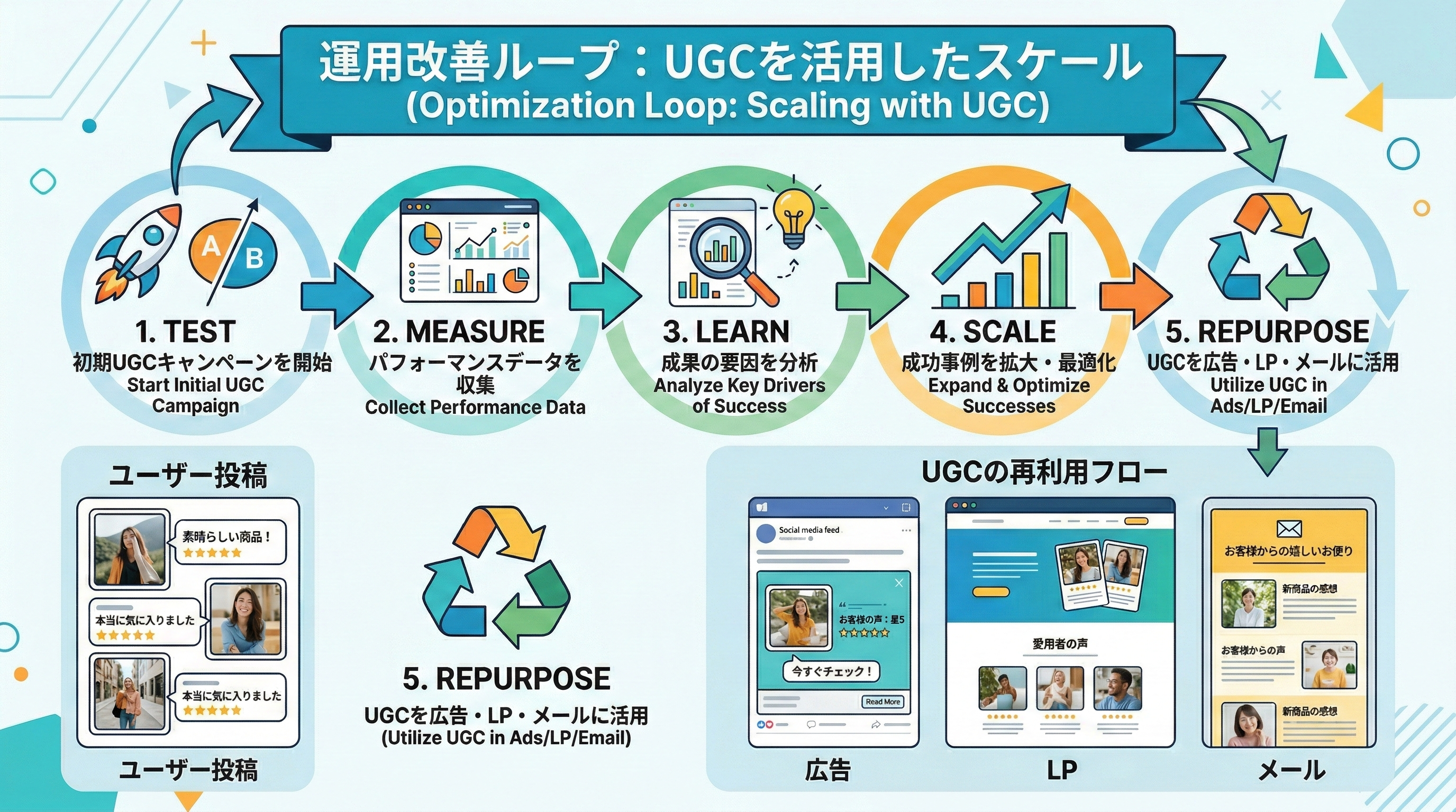 テスト→計測→学習→拡張→UGC再利用が循環する最適化ループの図