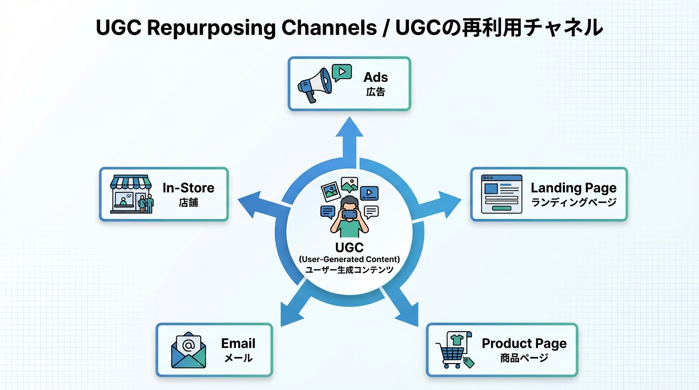 中心にUGCを置き、広告・LP・商品ページ・メール・店頭POPへと放射状に展開していく図