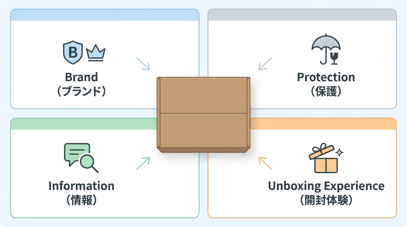 ブランド・保護・情報・体験という4つの役割でパッケージを整理し、中心に商品を置いて全体像を俯瞰したイメージ図
