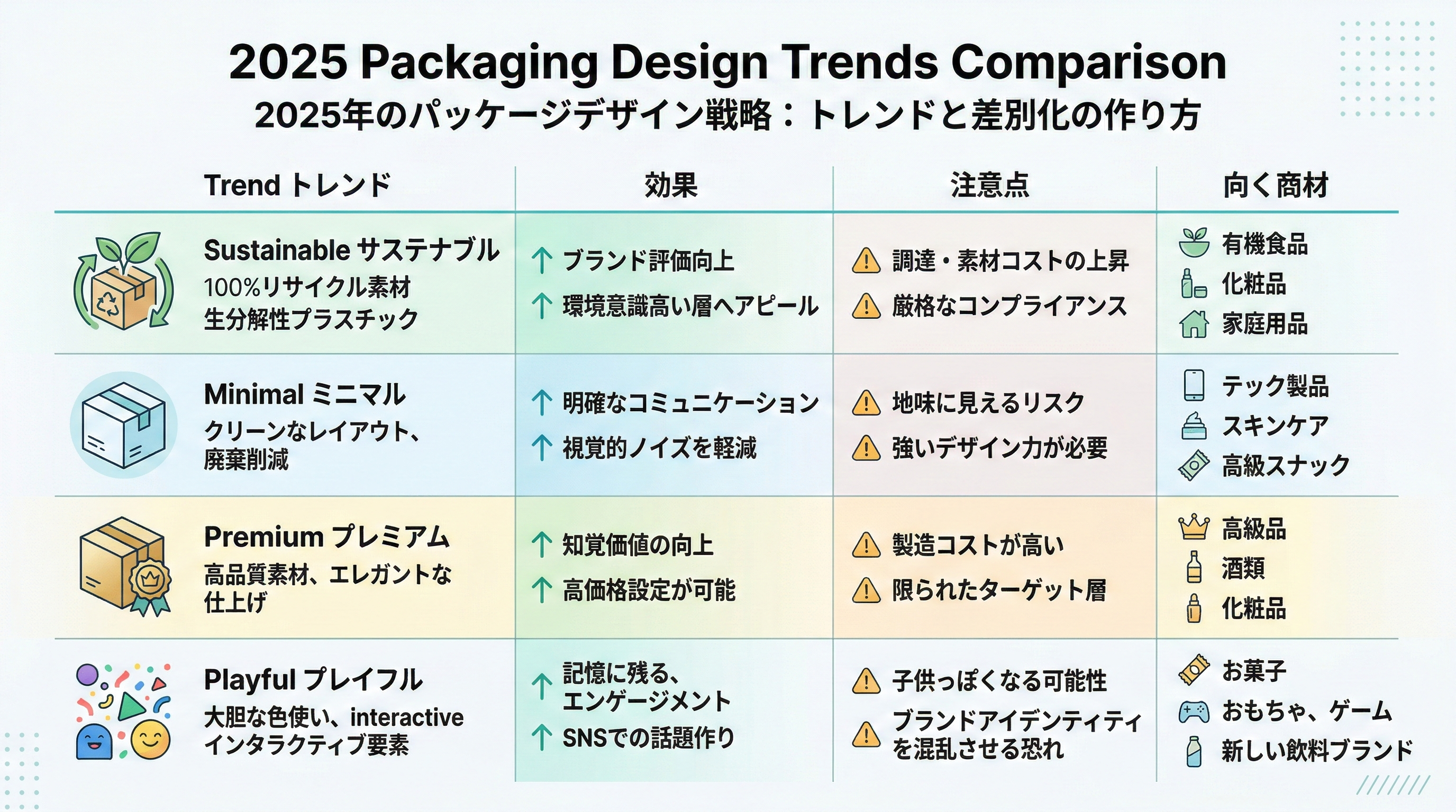 サステナブル・ミニマル・プレミアム・プレイフルなパッケージトレンドを行に、効果や注意点、向く商材を列に示した比較表