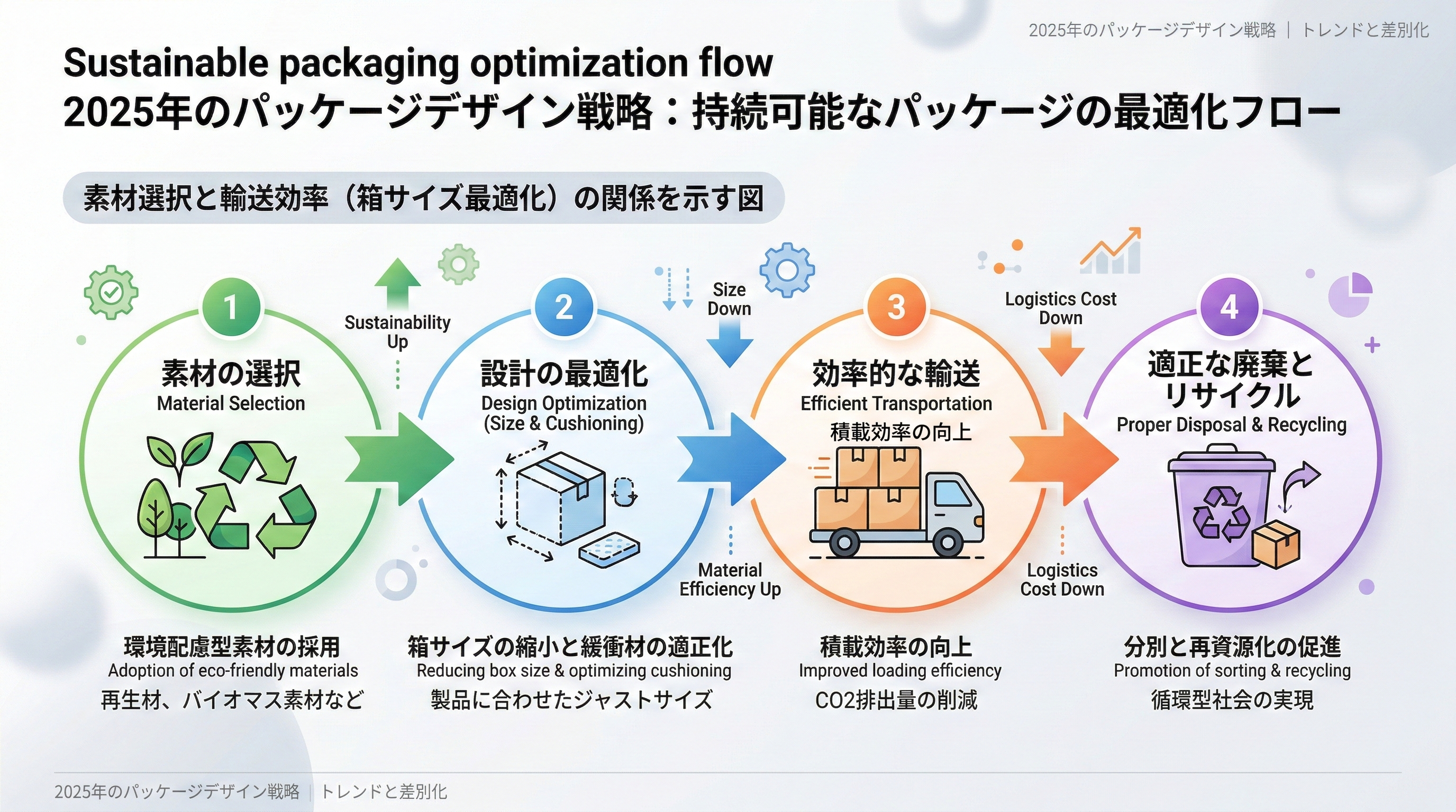 素材選択から箱サイズ・緩衝材の設計、輸送効率、廃棄やリサイクルまでを4ステップでつないだサステナブル最適化フロー図
